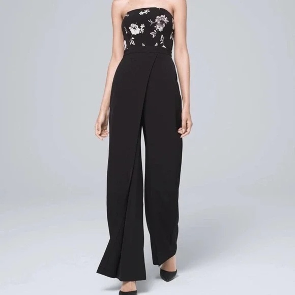 WHITE HOUSE BLACK MARKET Strapless Floral Bodice Wide-Leg Jumpsuit